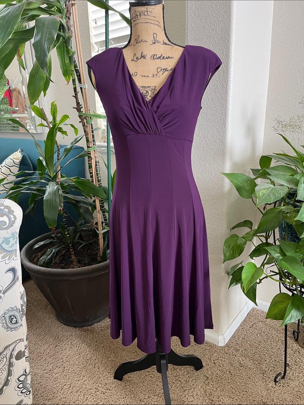 Purple V-Neck Midi Dress
